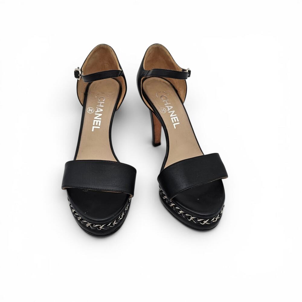 Chanel CC Chain Black Leather Heel Pump Sandal Silver Buckle Size 37 C 6 6.5